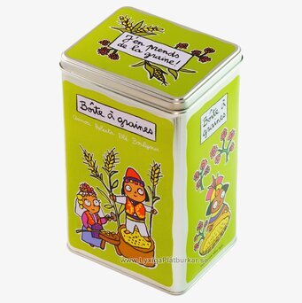 Bild av limegrön plåtburk med lekfulla illustrationer