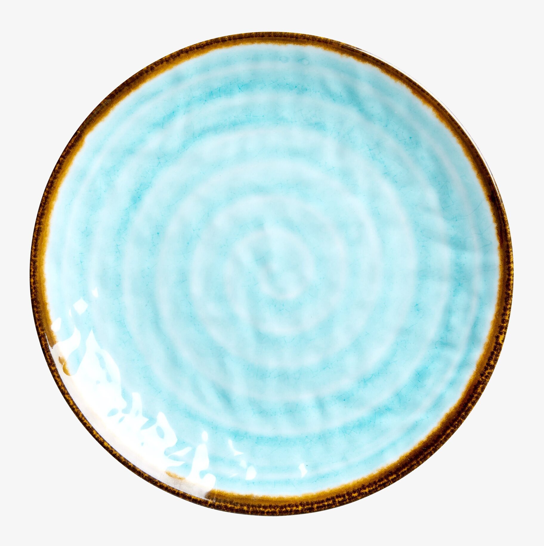Tallrik Swirl Aqua från Rice med aquablå färg och brun kant