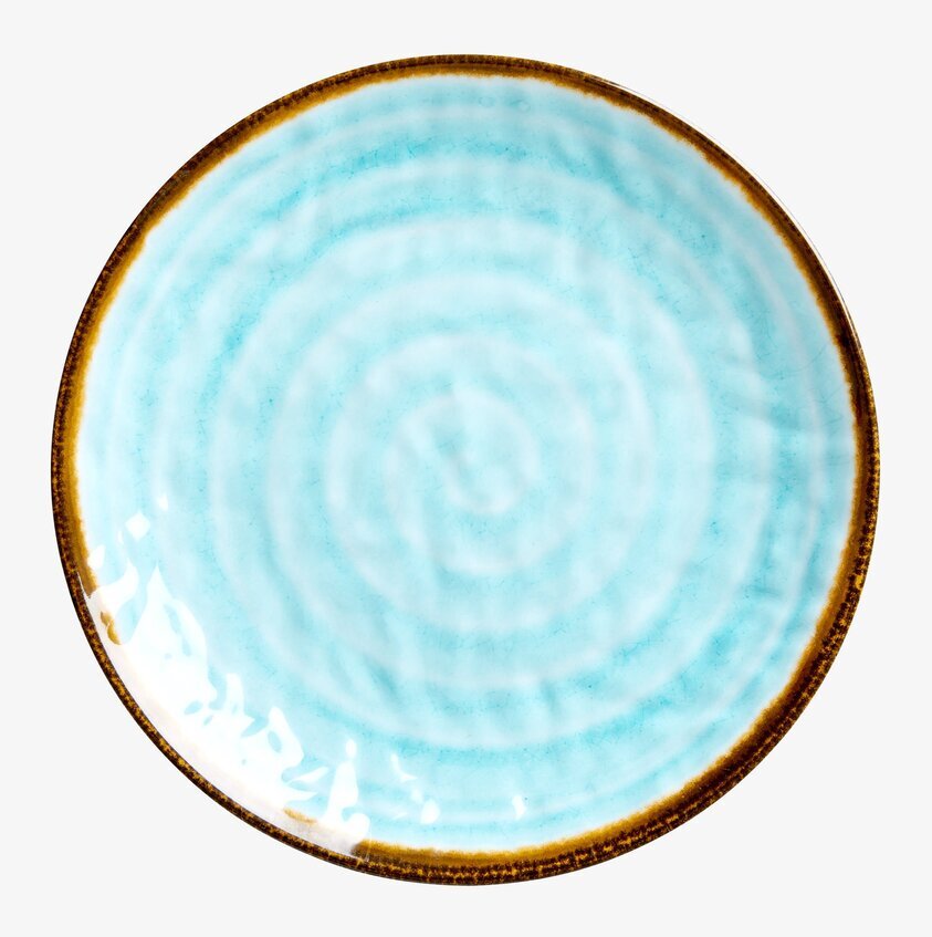 Tallrik Swirl Aqua från Rice med aquablå färg och brun kant