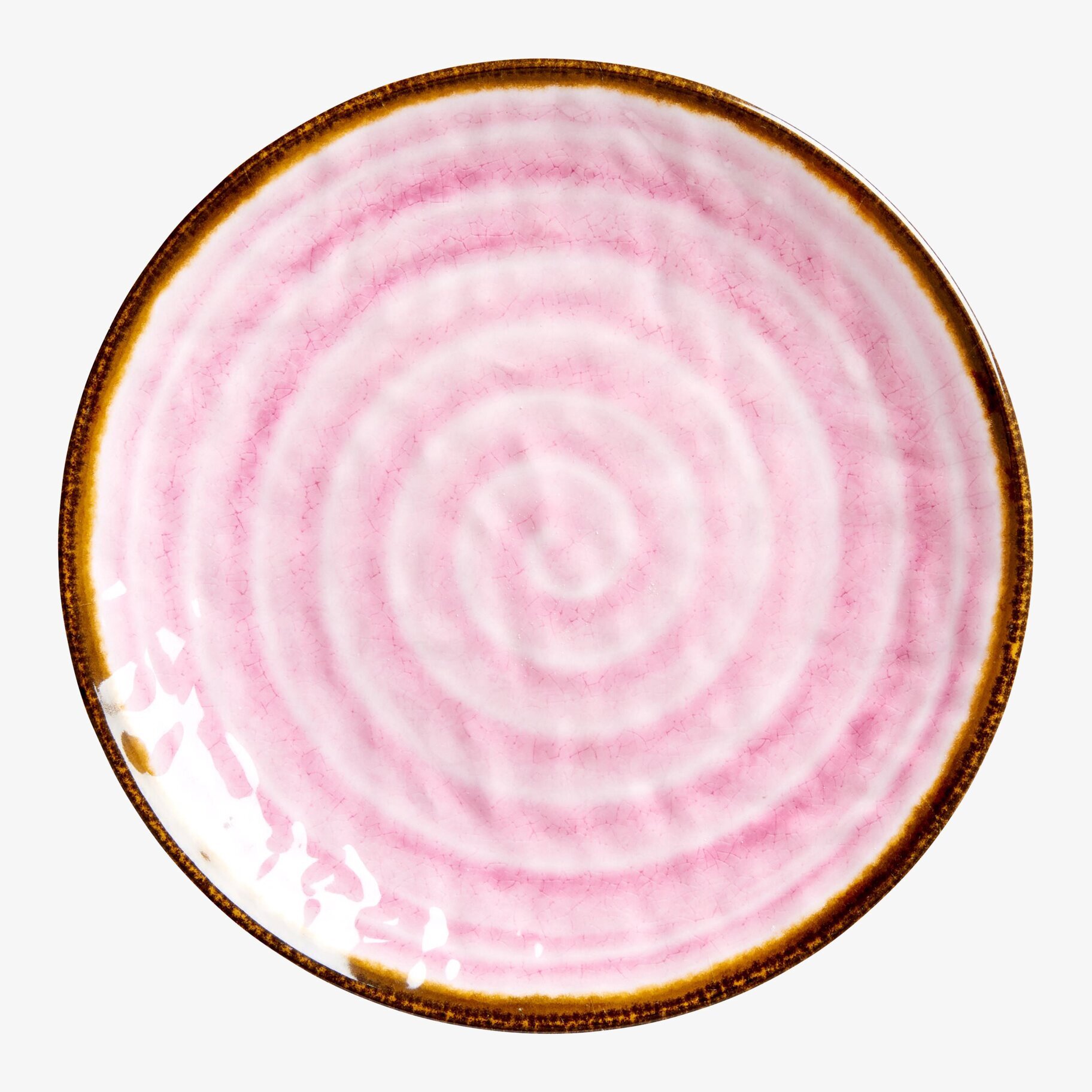 Tallrik Swirl Rosa från Rice med rosa mönster och brun kant