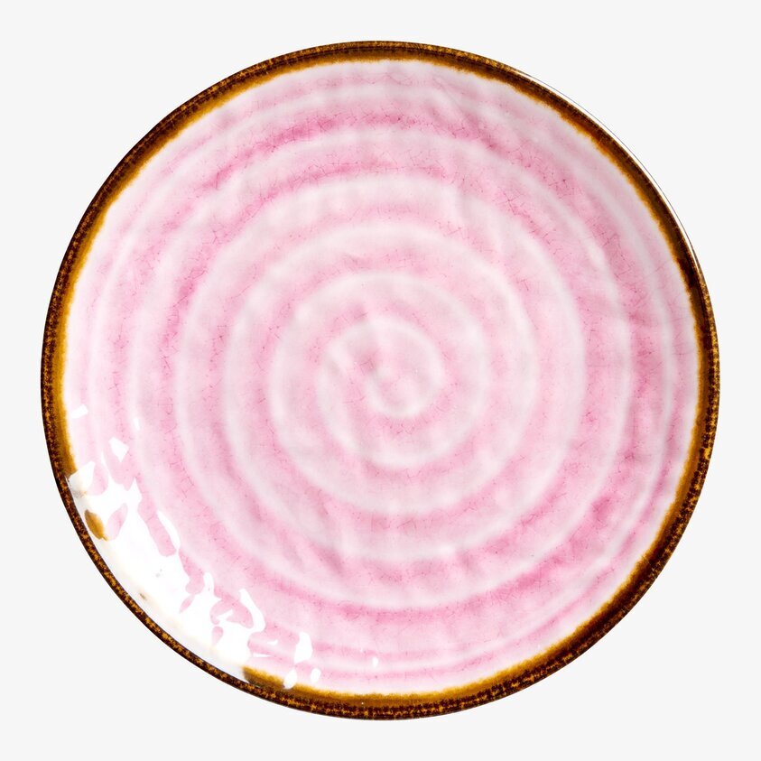 Tallrik Swirl Rosa från Rice med rosa mönster och brun kant