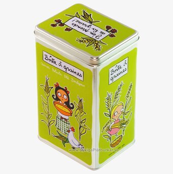 Bild av limefärgad plåtburk med lekfulla illustrationer