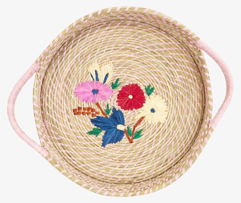 Brödkorg Raffia Natur/Rosa från Rice med rosa detaljer