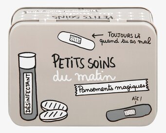 Bild av plåtburk med lekfullt och vårdande tema