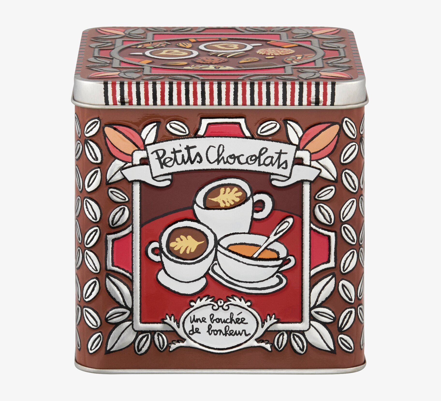 Bild av plåtburk med chokladtema och elegant design