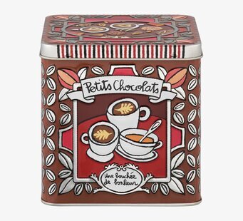 Bild av plåtburk med chokladtema och elegant design