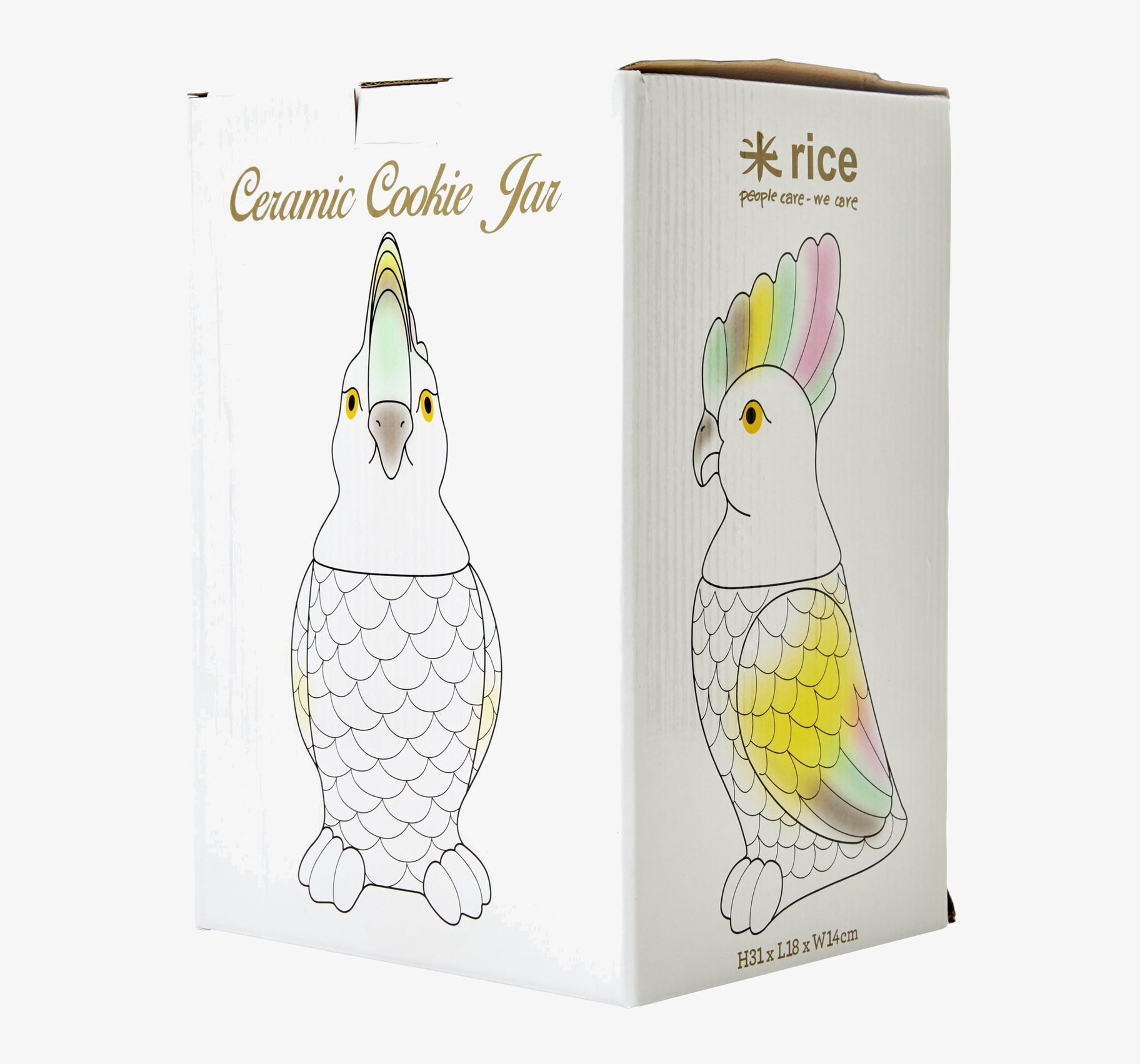 Bild av porslinsburk formad som kakadua med mått