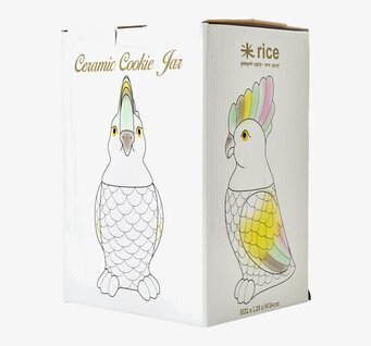 Bild av porslinsburk formad som kakadua med mått