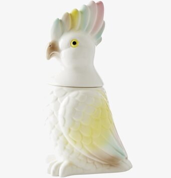 Bild av iögonfallande porslinsburk formad som kakadua