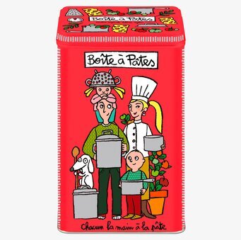 Bild av livfull plåtburk för pastaförvaring i köket