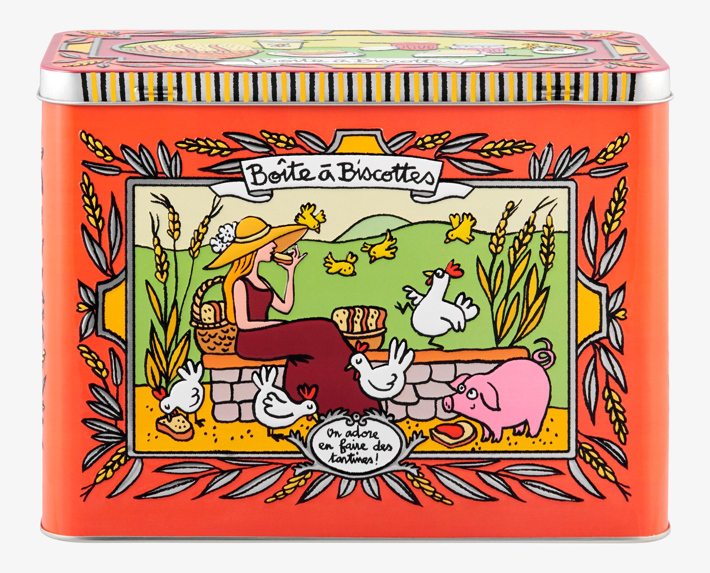 Bild av färgglad plåtburk med lantlig illustration