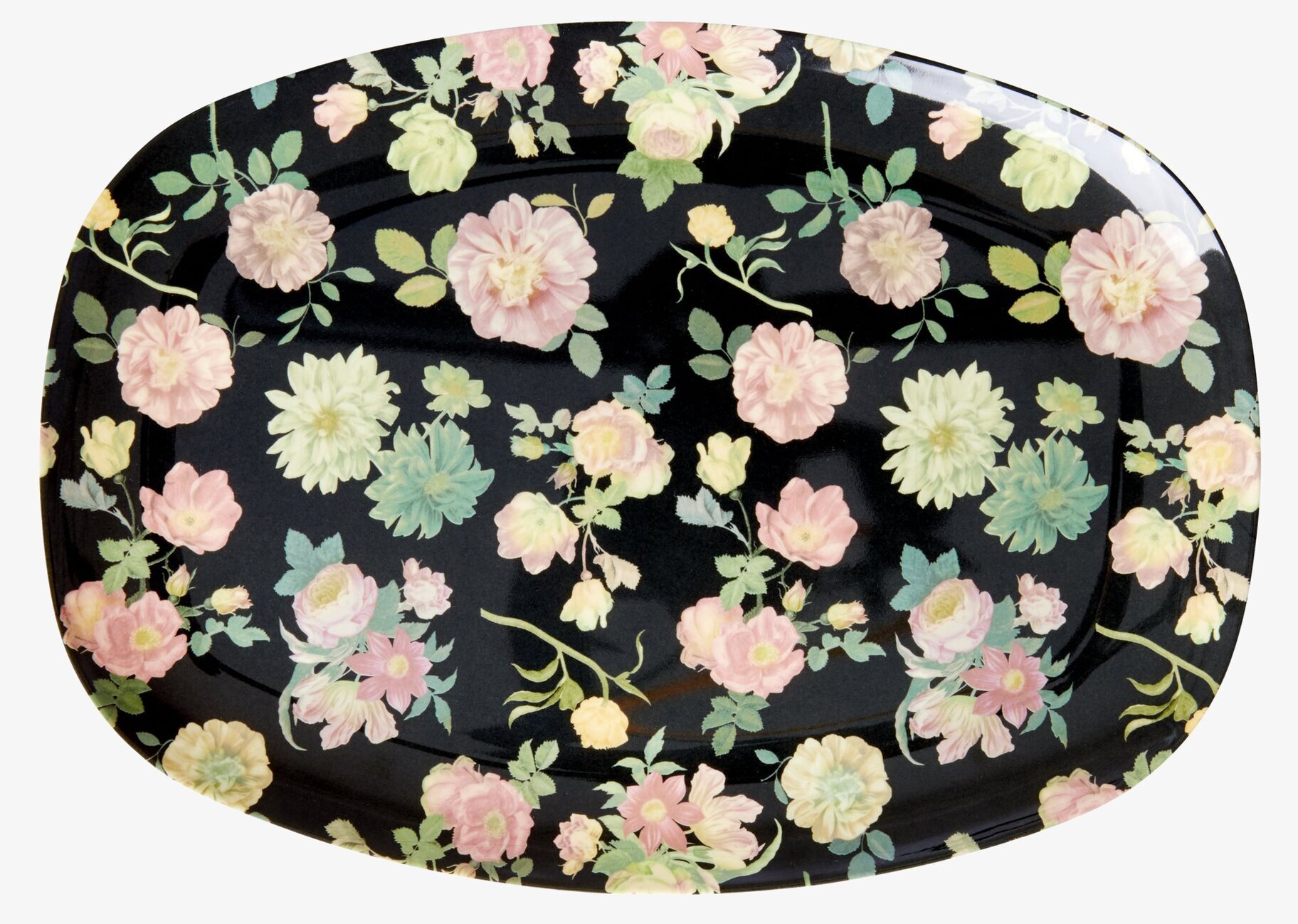 Tallrik Dark Rose Print från Rice med rosor på svart bakgrund