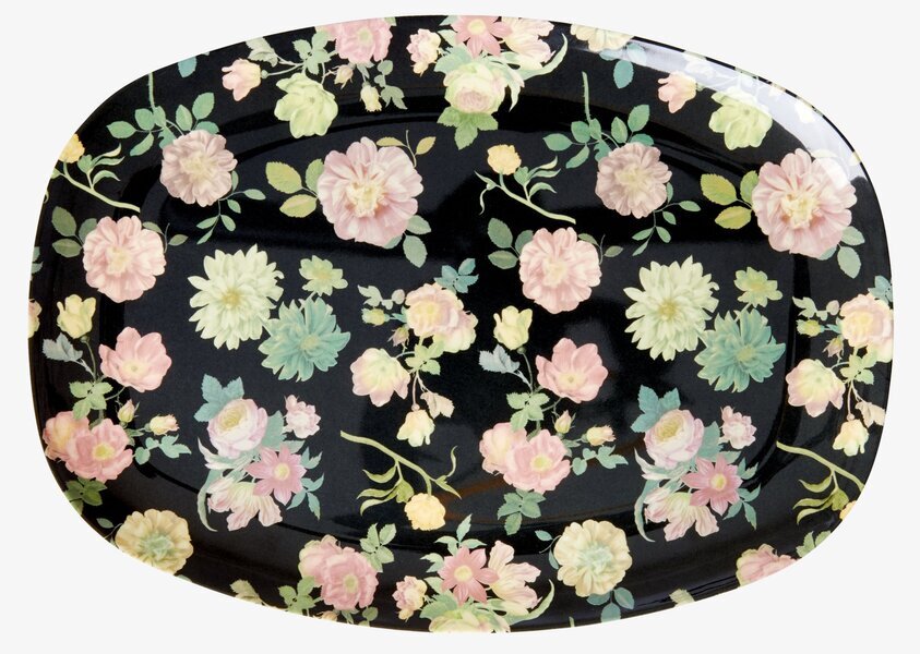 Tallrik Dark Rose Print från Rice med rosor på svart bakgrund