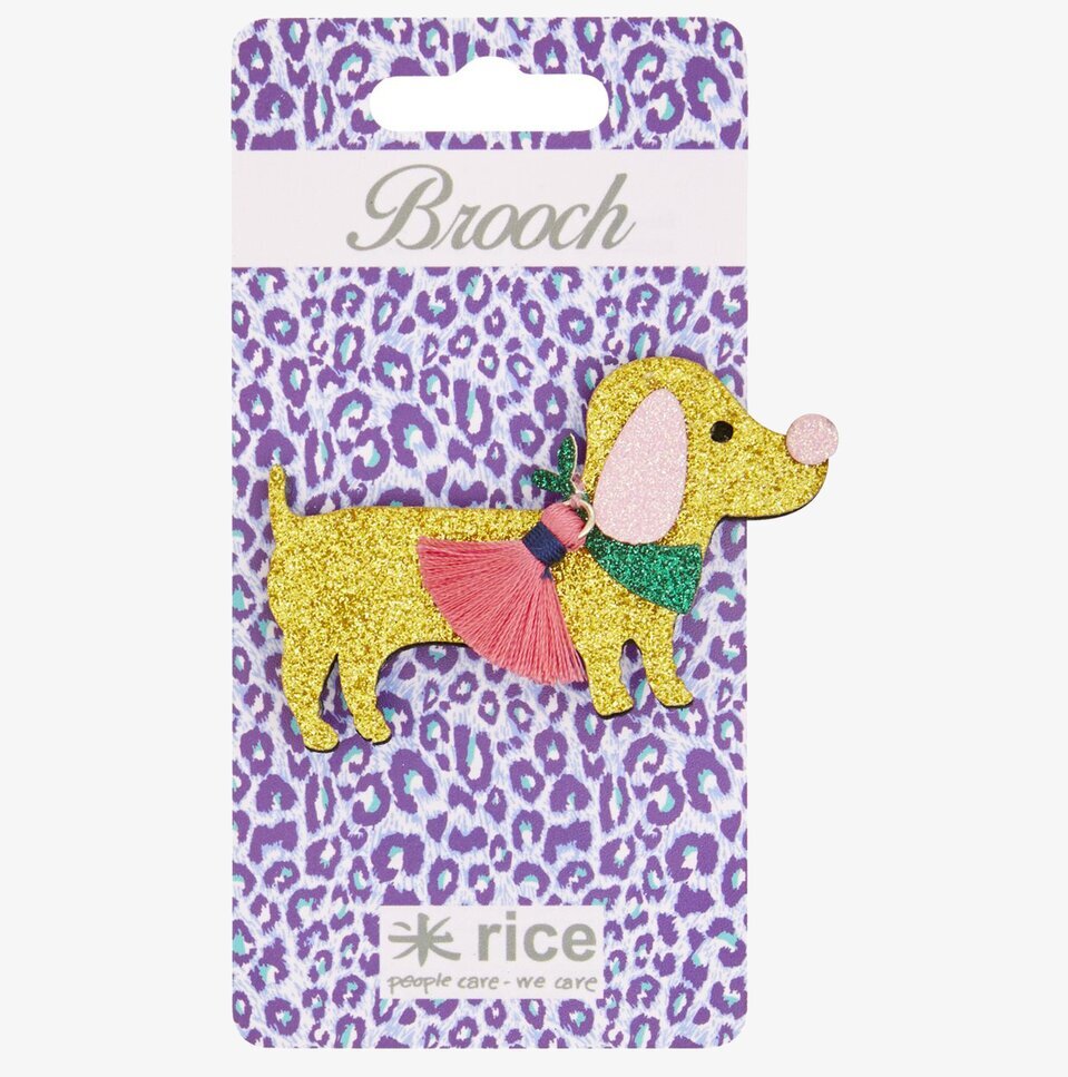 Brosch Glitter från Rice: Glittrande tax med rosa tofs