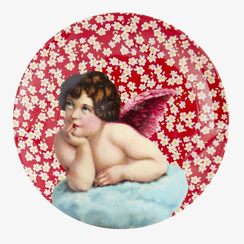 Desserttallrik Angels Red från Rice med ängel och blommor