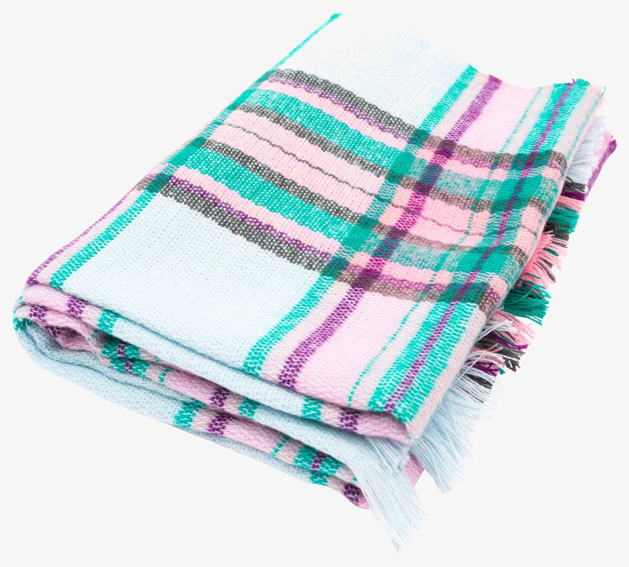 Halsduk Ljusblå - Rice med färgstarkt rutmönster och fransar