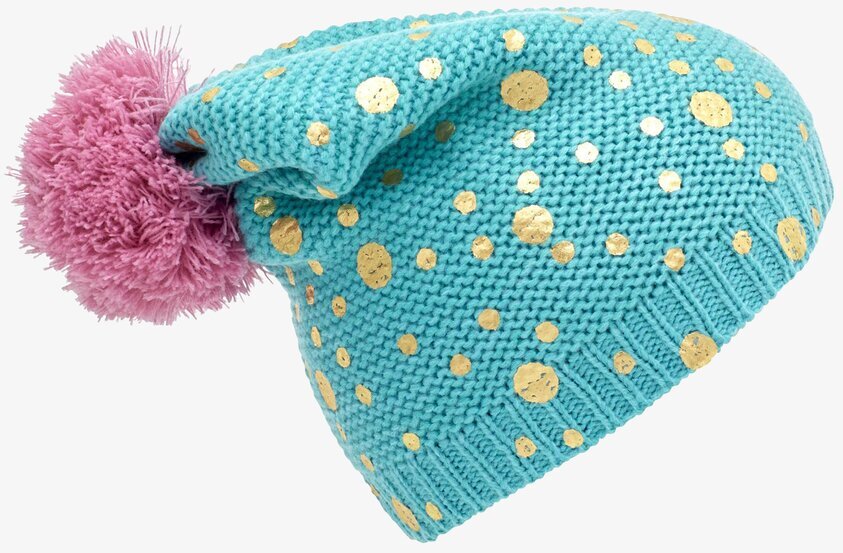 Mössa Turkos/Grön - Rice med rosa tofs och gyllene prickar