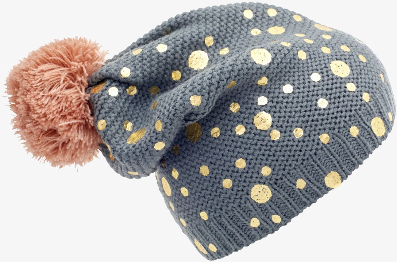 Mössa Grå - Rice från Rice med gyllene prickar och rosa tofs