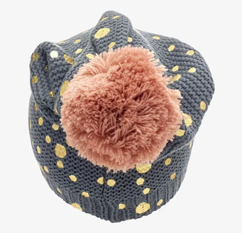 Mössa Grå - Rice med guldfärgade prickar och rosa boll