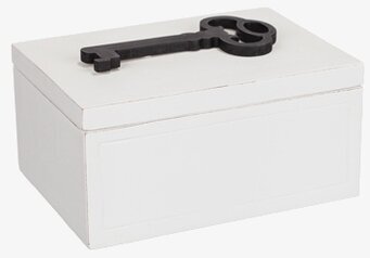 Bild av stilren vit träbox med svart nyckeldekor