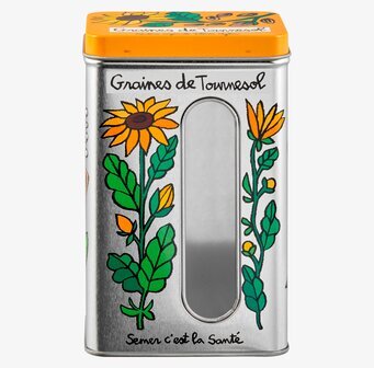 Bild av plåtburk med solrosmotiv och praktiskt fönster