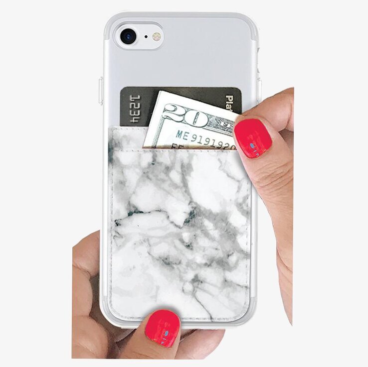 Phone Pocket - White Marble från iDecoz fäst på smartphone