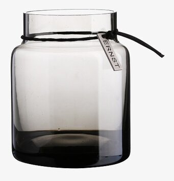 Värmeljuslykta Rökgrå från Ernst i rökfärgat glas med läderband