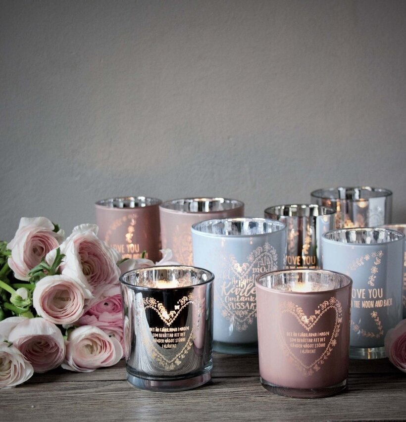 Ljuslykta - Fjärilarna Silver från Majas Cottage med rosor