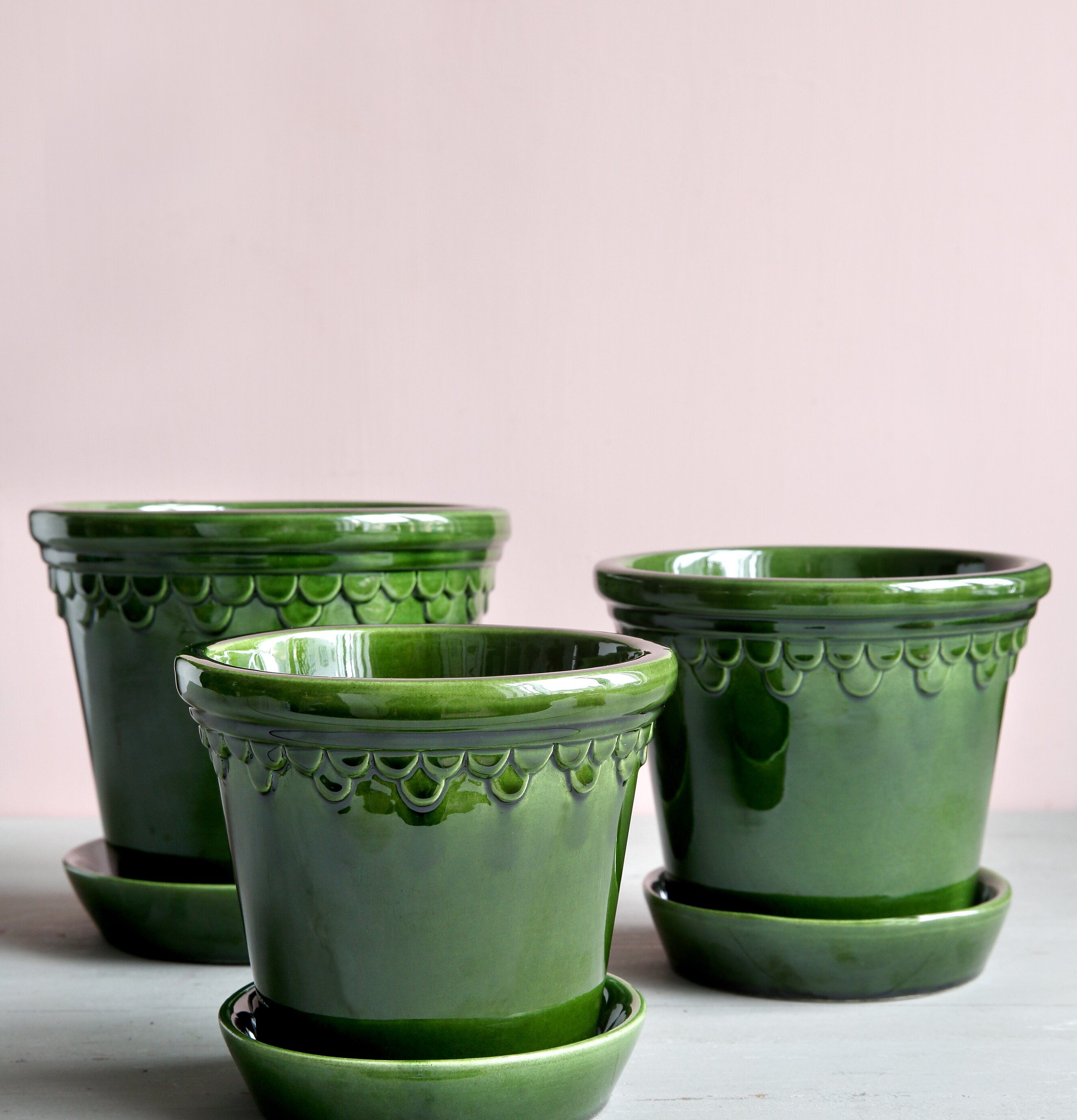 Tre Copenhagen Green Emerald-krukor från Bergs Potter