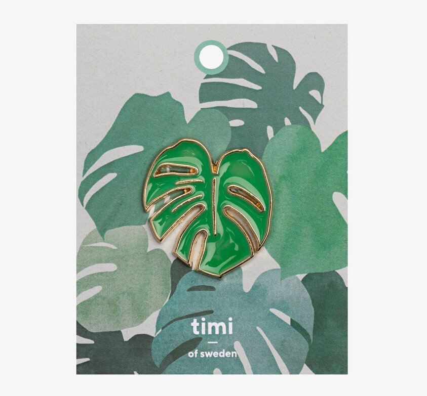 Pin - Monstera från Timi of Sweden, grön emalj med guldkant