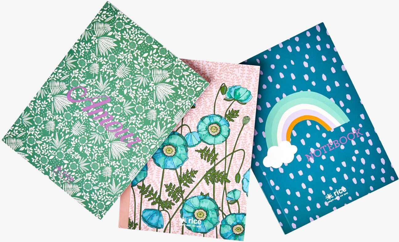 Tre färgglada Liten Skrivbok från Rice i olika mönster