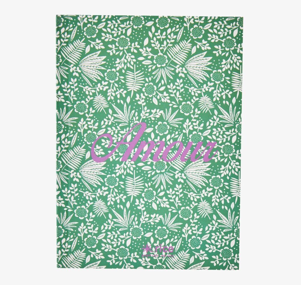 Liten Skrivbok från Rice med grönt omslag och ordet Amour