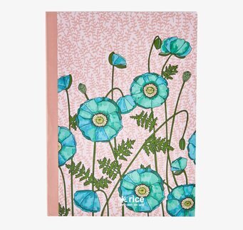 Liten Skrivbok från Rice med rosa omslag och turkosa blommor