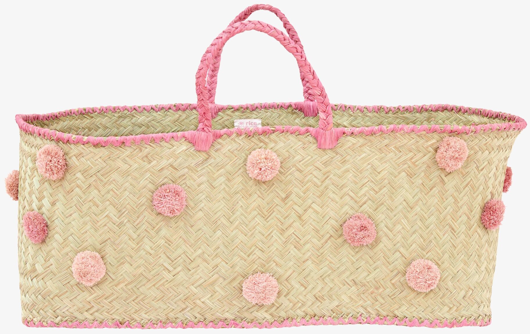 Raffia Väska XXL Bozaka från Rice med rosa pom-poms