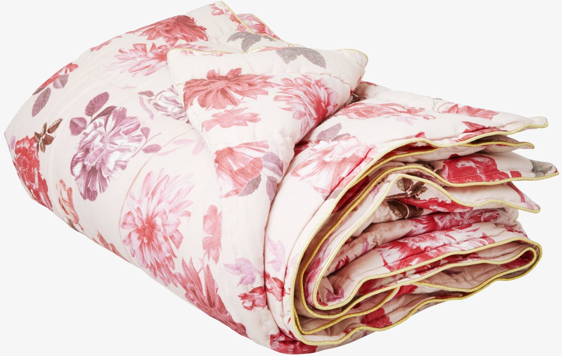 Rice Cotton Quilt Rose Print med blommönster och guldkant