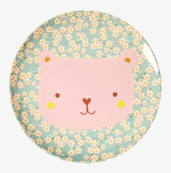 Barntallrik Björn Turkos/Rosa från Rice på vit bakgrund