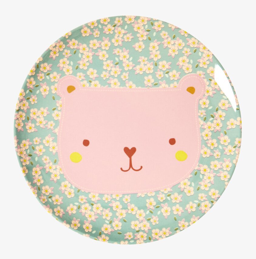 Barntallrik Björn Turkos/Rosa från Rice på vit bakgrund