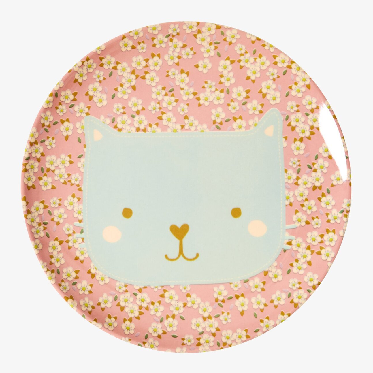 Barntallrik Katt Rosa från Rice med lekfull katt och blommor