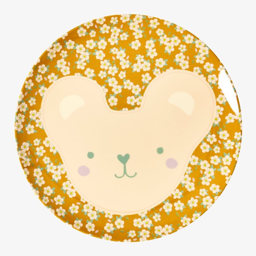 Barntallrik Teddy Brun från Rice med björnansikte och blommor