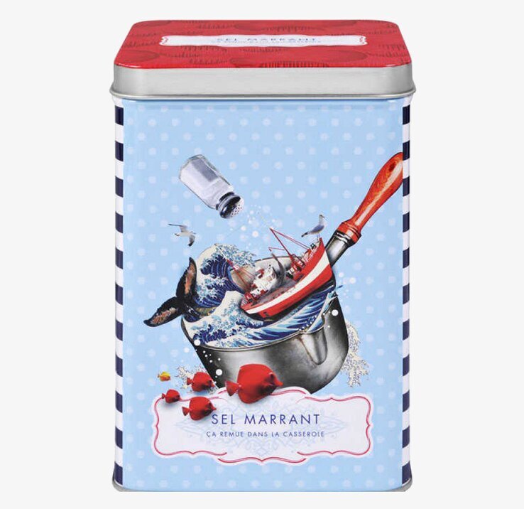 Bild av maritim plåtburk med humoristisk köksdesign