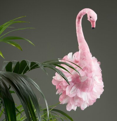 Flamingo Rosa från A Lot Decoration med gröna blad och mörk vägg