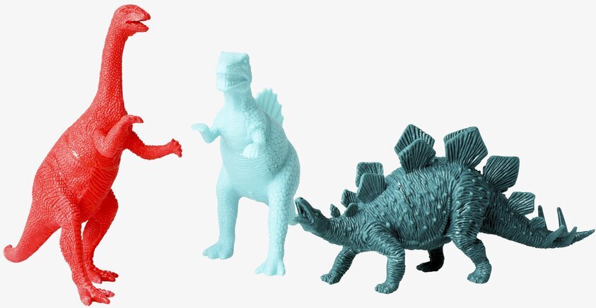 Tre Rice Dinosaurie-leksaker i rött, blått och grönt