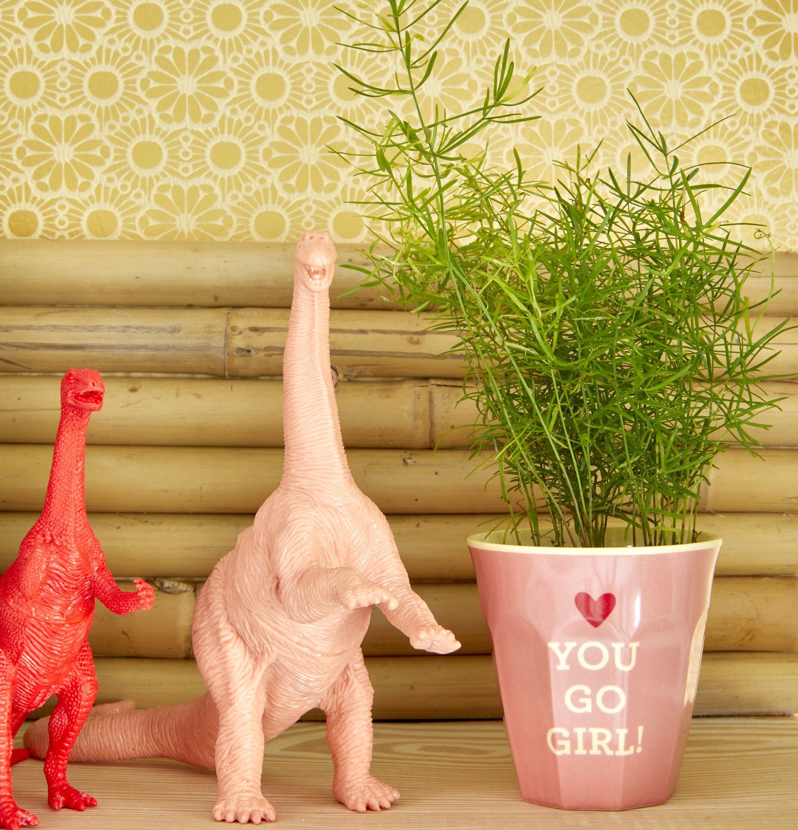 Dinosauriefigurer från Rice på hylla med växt och tapet