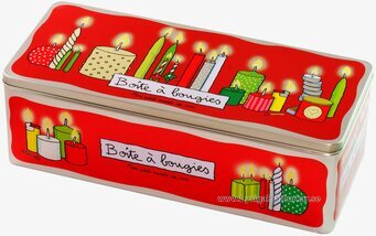 Bild av röd plåtburk för ljus med festliga illustrationer