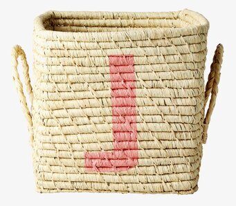 Bokstavskorg Raffia från Rice med röd bokstav J och handtag