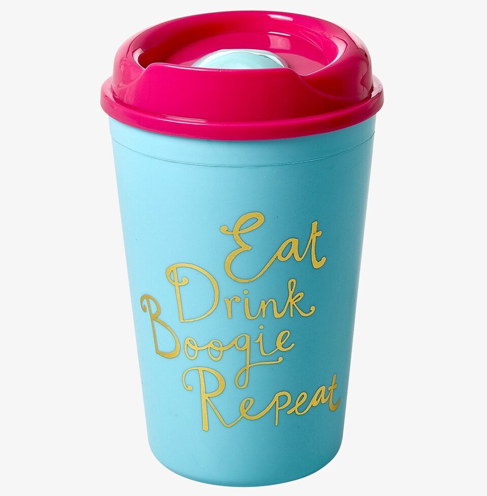 Thermomugg Rice från Rice i turkos med rosa lock och text