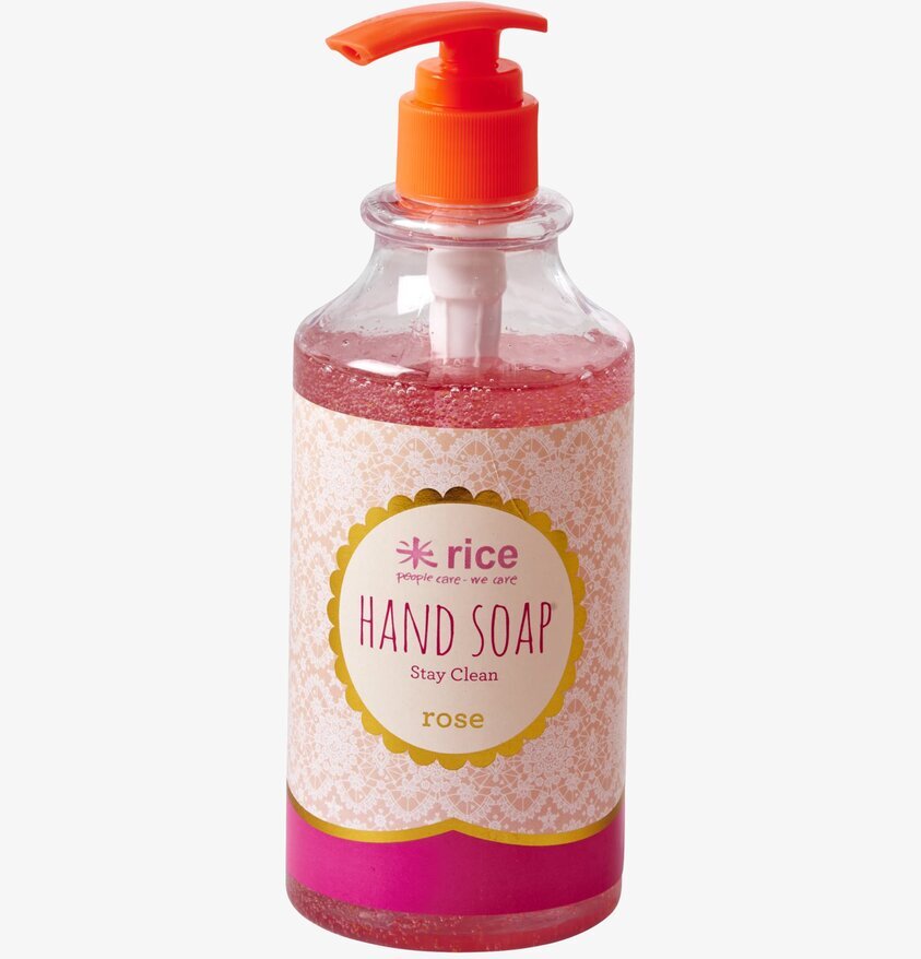 Handtvål Rose från Rice i genomskinlig flaska med orange pump