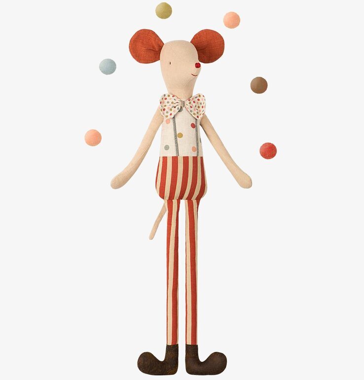 Circus Stilt Clown Maxi Mouse från Maileg med jongleringsbollar