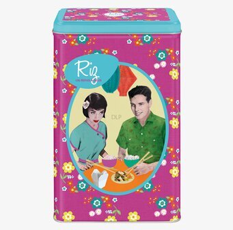 Bild av färgglad plåtburk med retro och asiatisk design