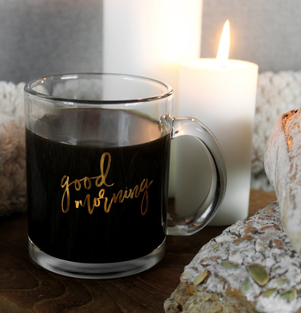 Glasmugg Goodmorning från Majas Cottage med guldtext